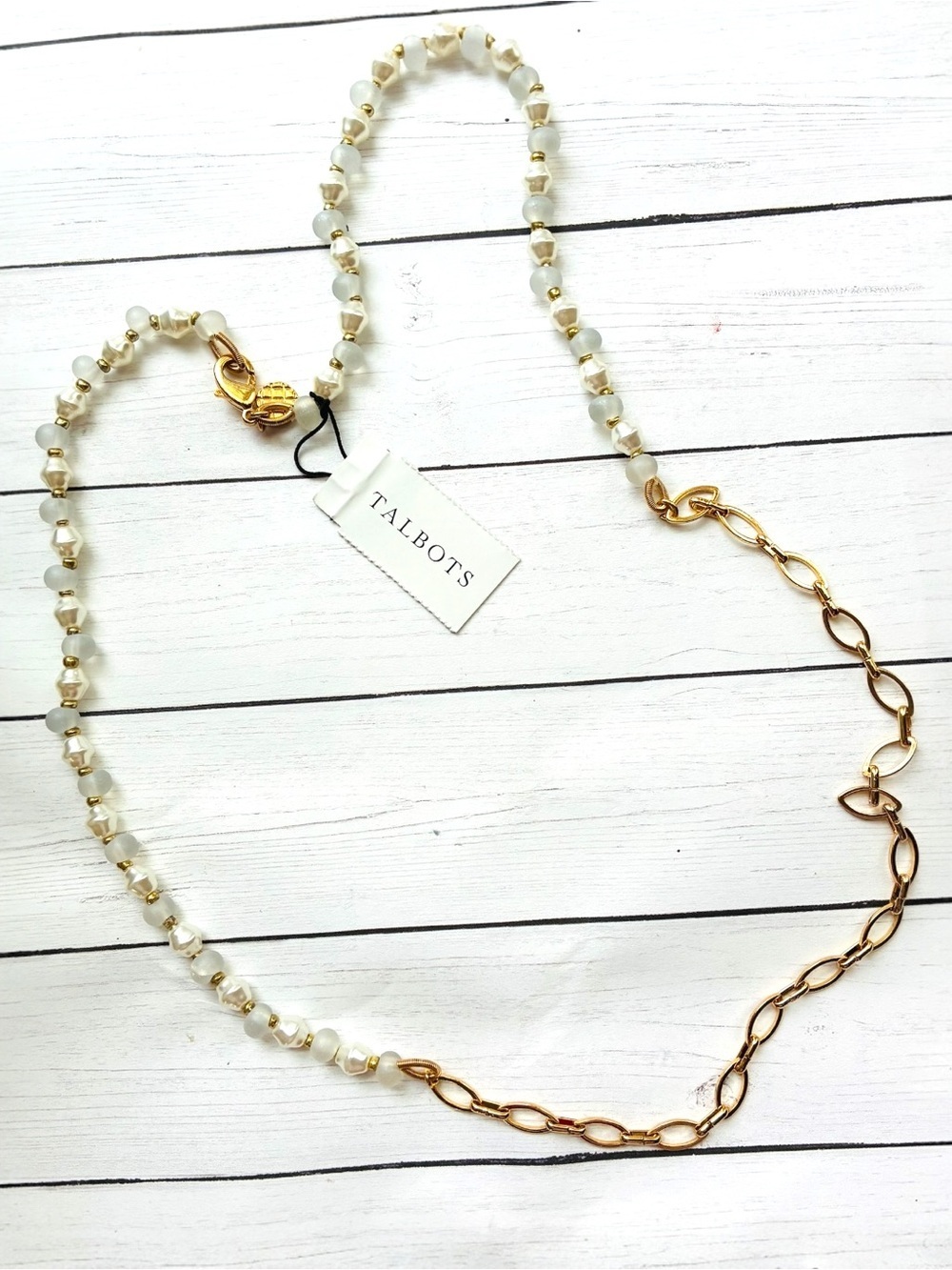 NEW NWT Talbots White Gold Pearl Beaded Link Chain Necklace $34.50 Retail Tag